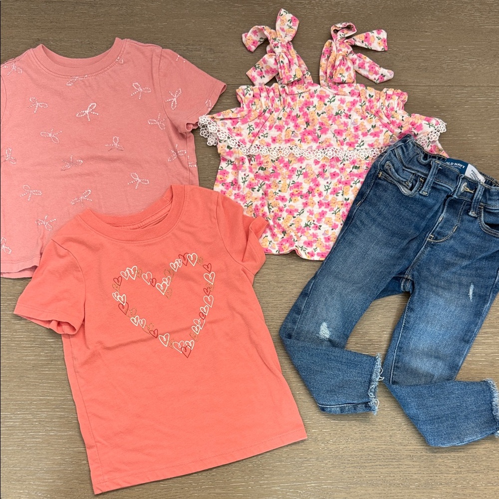 Kids' Pink and Floral Tops with Blue Jeans Set/Bundle